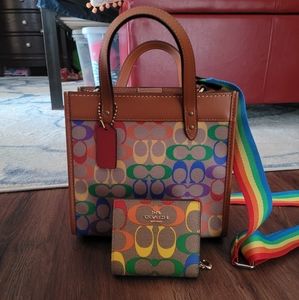 Coach Rainbow Field Tote with Rainbow Strap and Matching Wallet